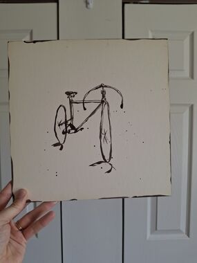 Black Ink Bicycle Illustration on Cream Board 10"+10" Square, Vintage Minimalist